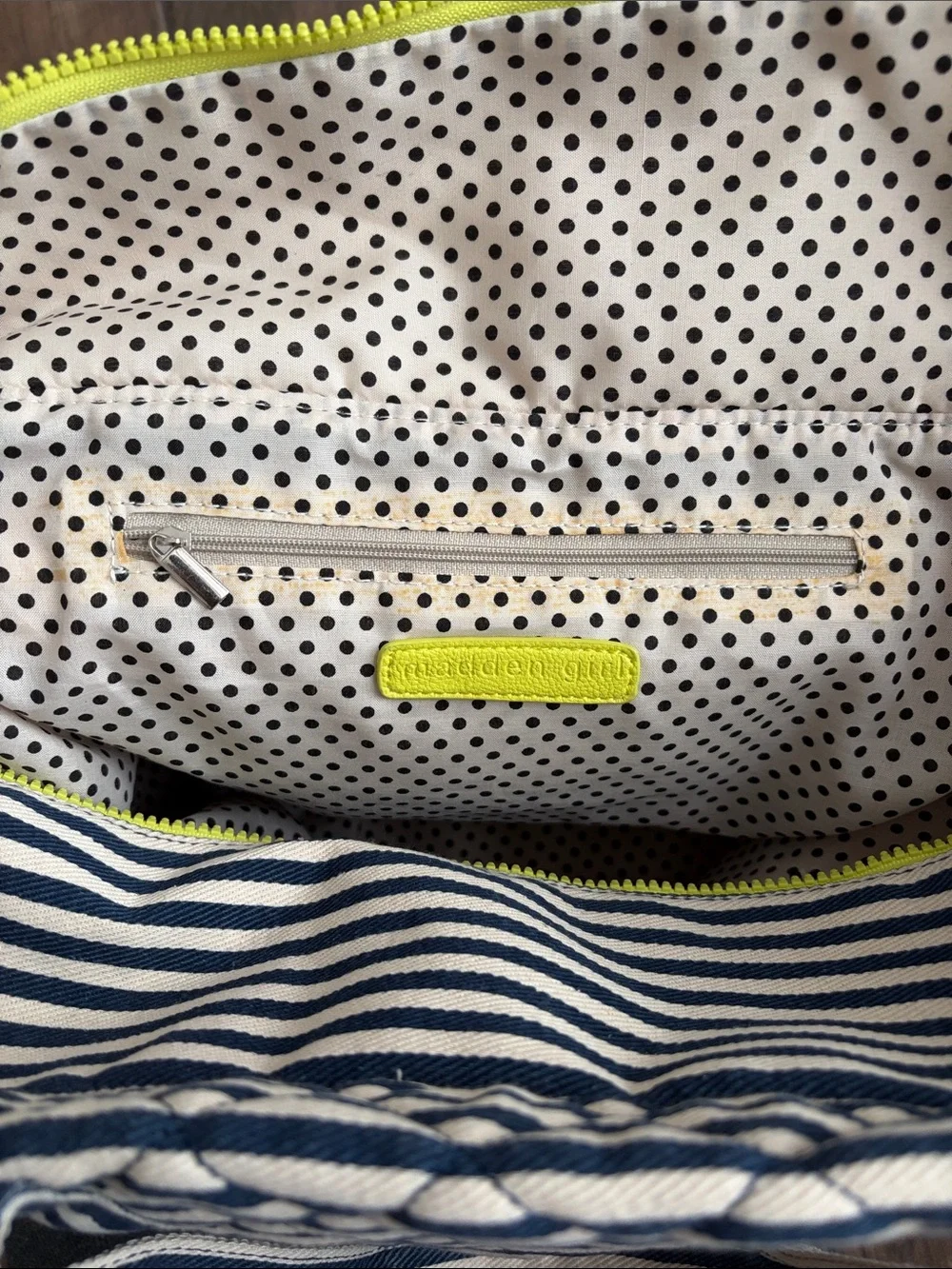 Madden Girl Navy and White Quilted Striped Tote with Bright Yellow Green Accent